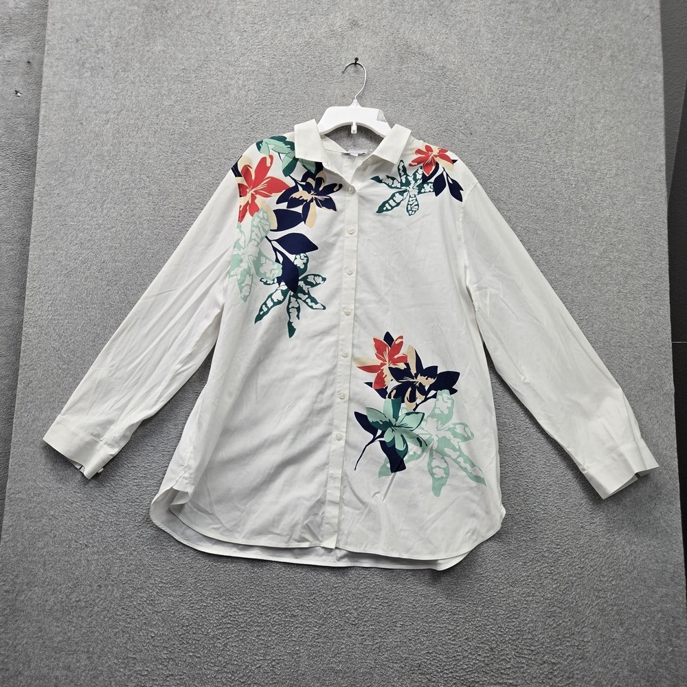 Chico's Women Button Up Shirt 4 White Floral Tunic Long Sleeve Collar Stretch